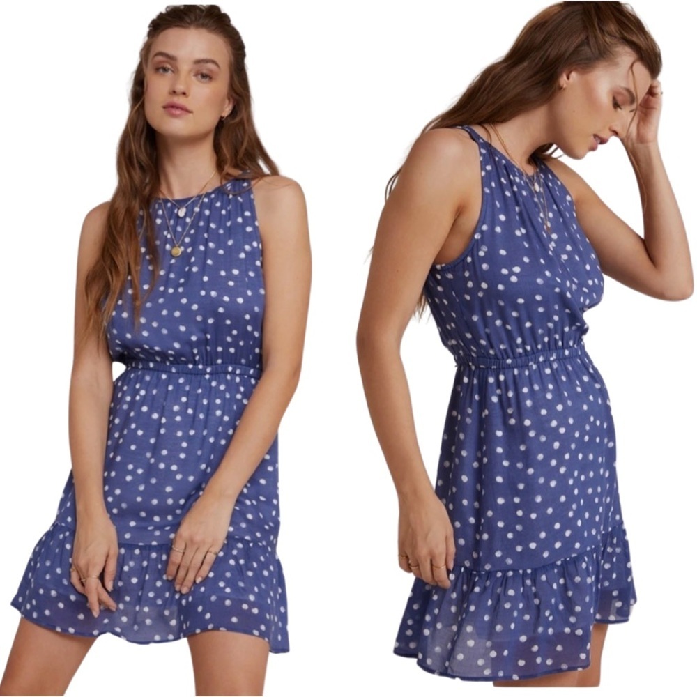 NWT BELLA DAHL Polka Dot Print Shirred Halter Dress In Navy Size Small - Picture 2 of 16